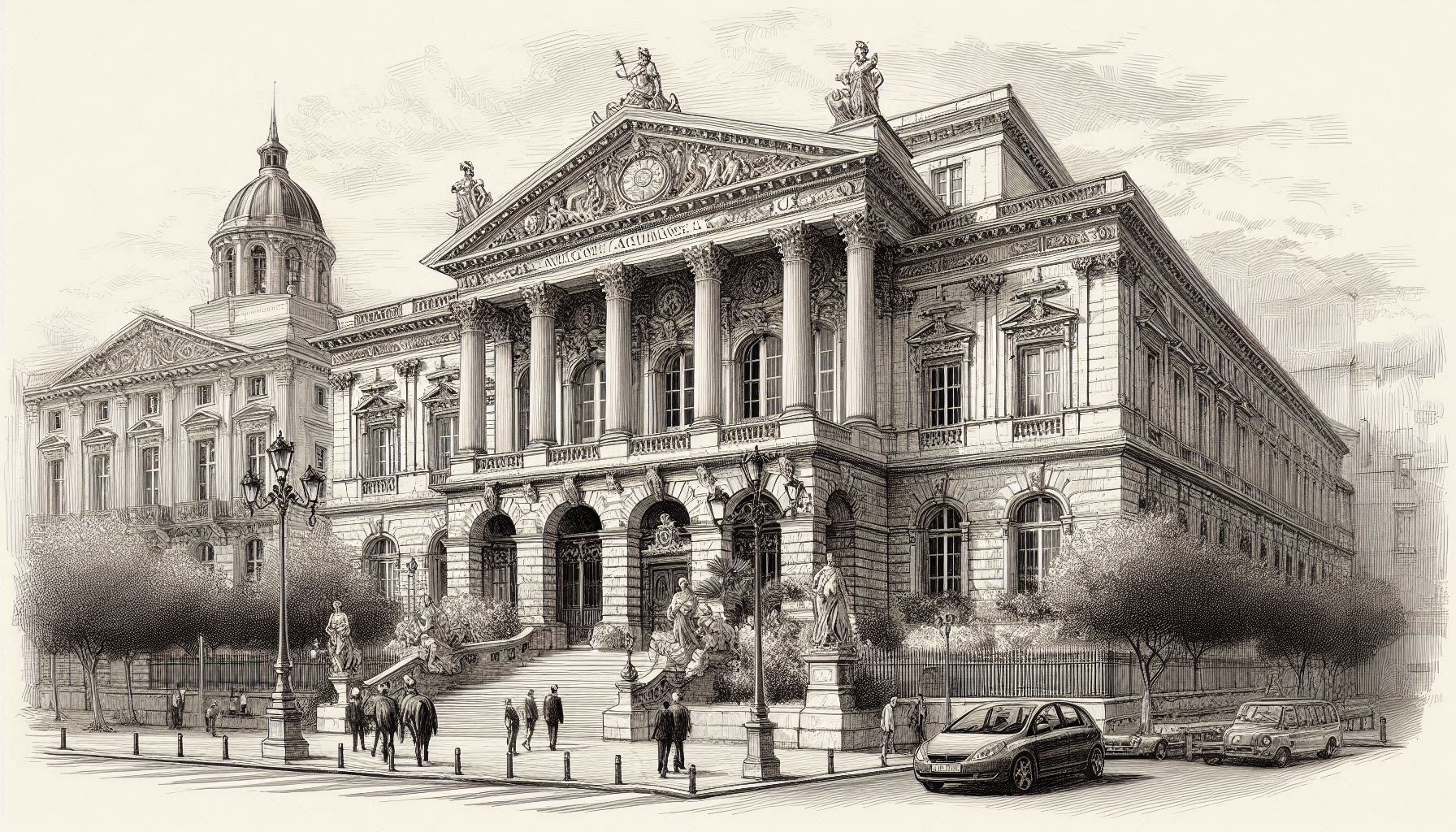 Palais de justice au fusain Image représentant un palais de justice au fusain.